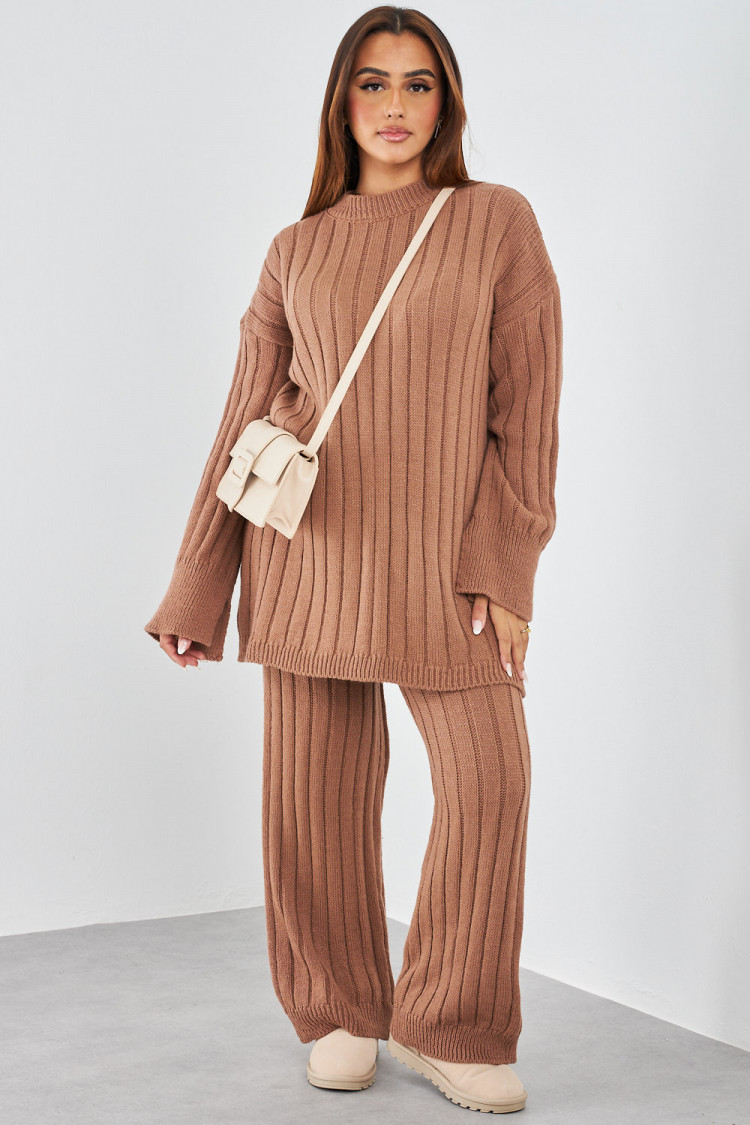 Ensemble 2 pièces pull long + pantalon en laine marron