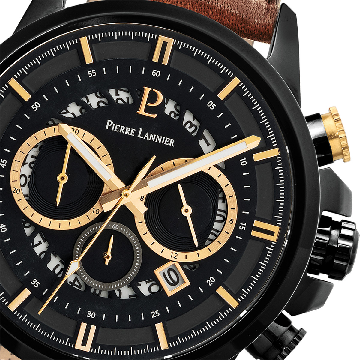 Montre PIERRE LANNIER Sentinelle homme chronographe acier noir  bracelet cuir brun