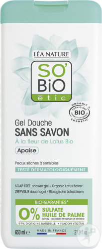 So'Bio Étic Gel Douche Sans Savon À La Fleur De Lotus Bio Peaux Sèches À Sensibles Flacon 650ml