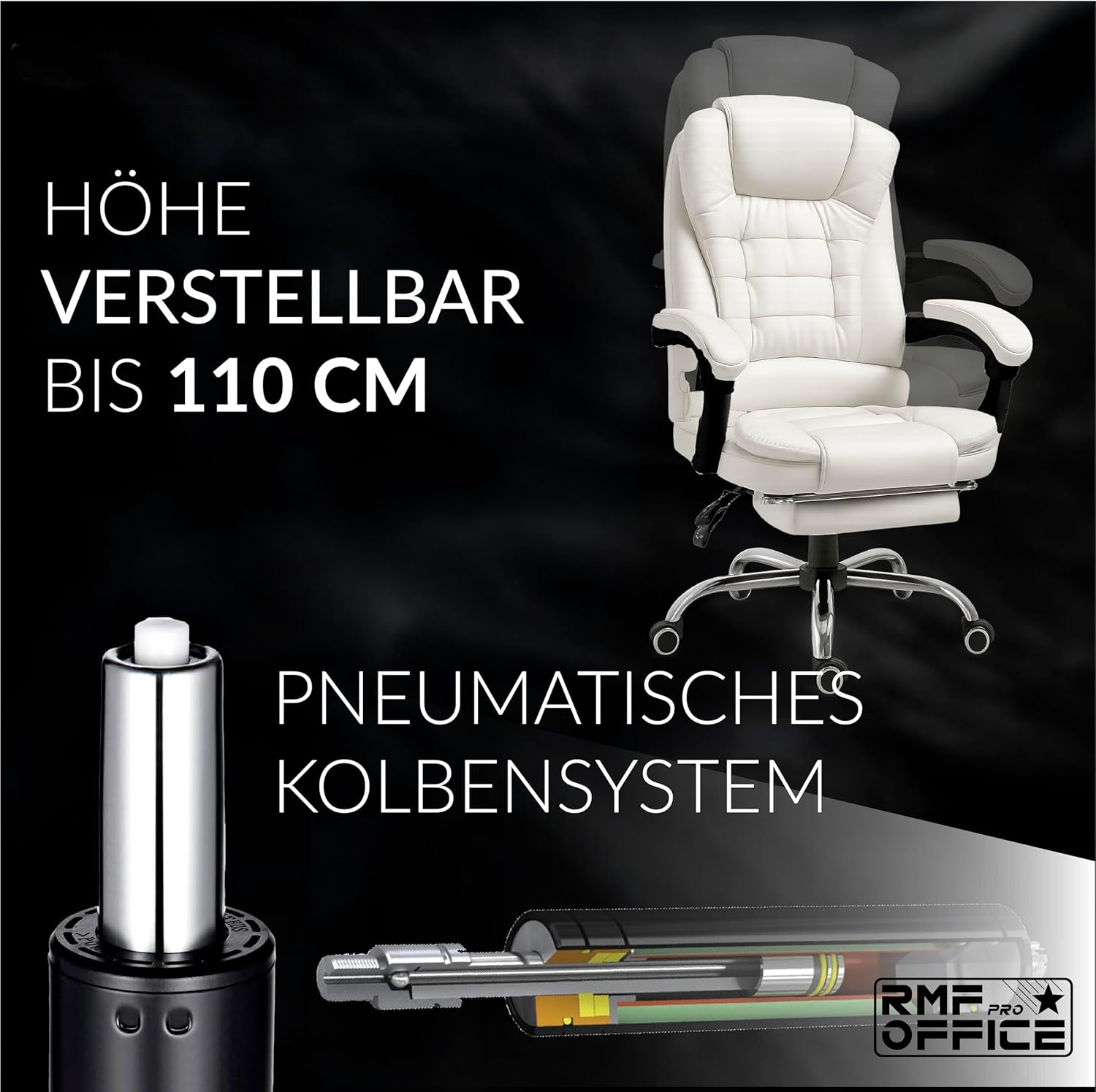 RMF Ergonomischer Professioneller Bürostuhl, Neigbar Bequemer und Entspannender Schreibtischstuhl mit Fußstütze – Relaxsessel mit drehbaren Rollen, Höhenverstellbar, Weiß