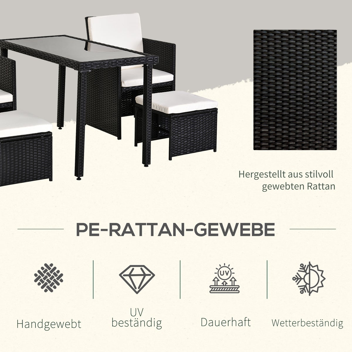 Outsunny 11-delige polyrotan tuinset, met kussens, 120L x 60B x 75H cm, metaal, gehard glas, polyester, zwart