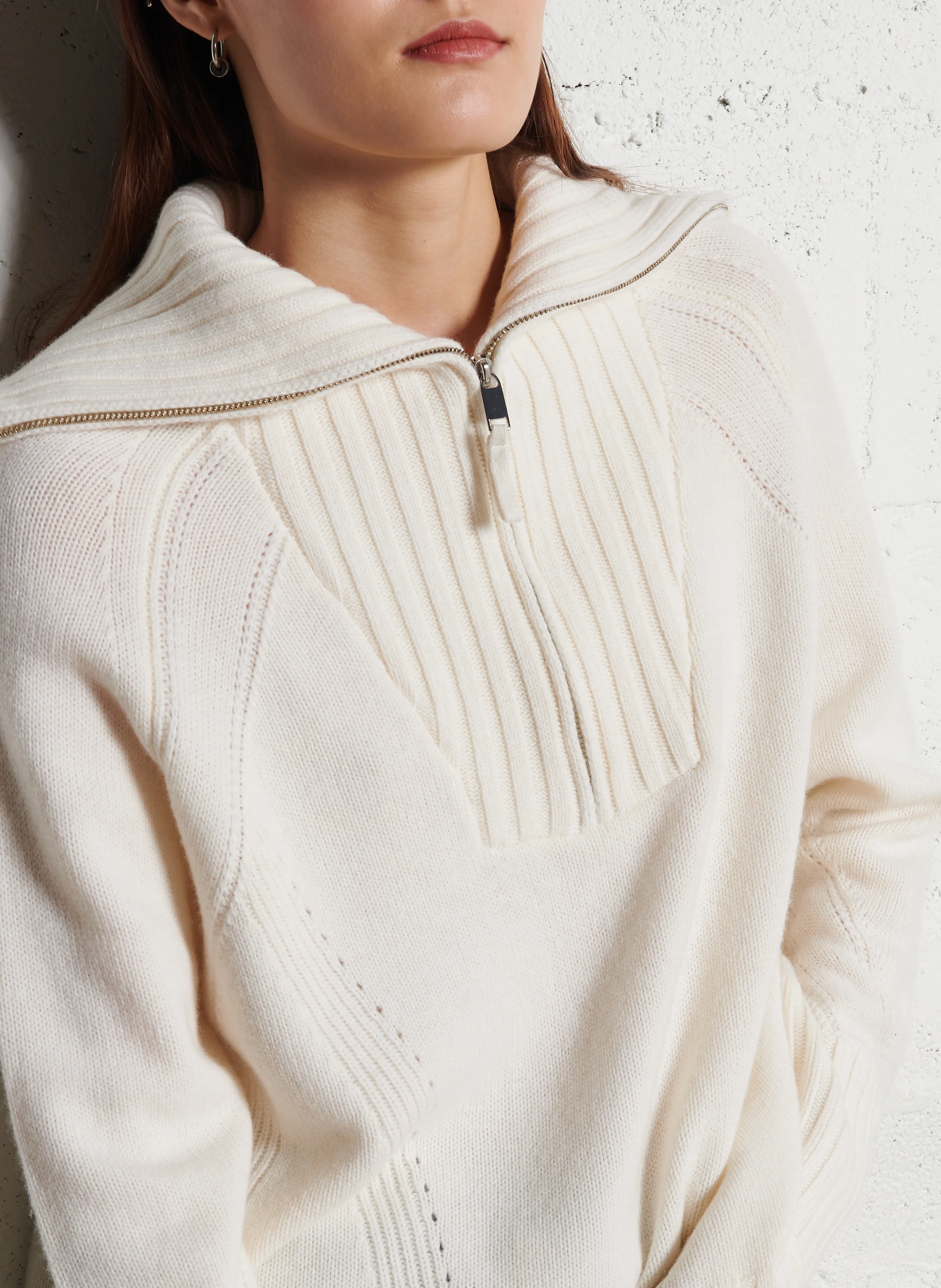 ANNSOFIA - Pull ample à col montant zippée en laine | Blanc