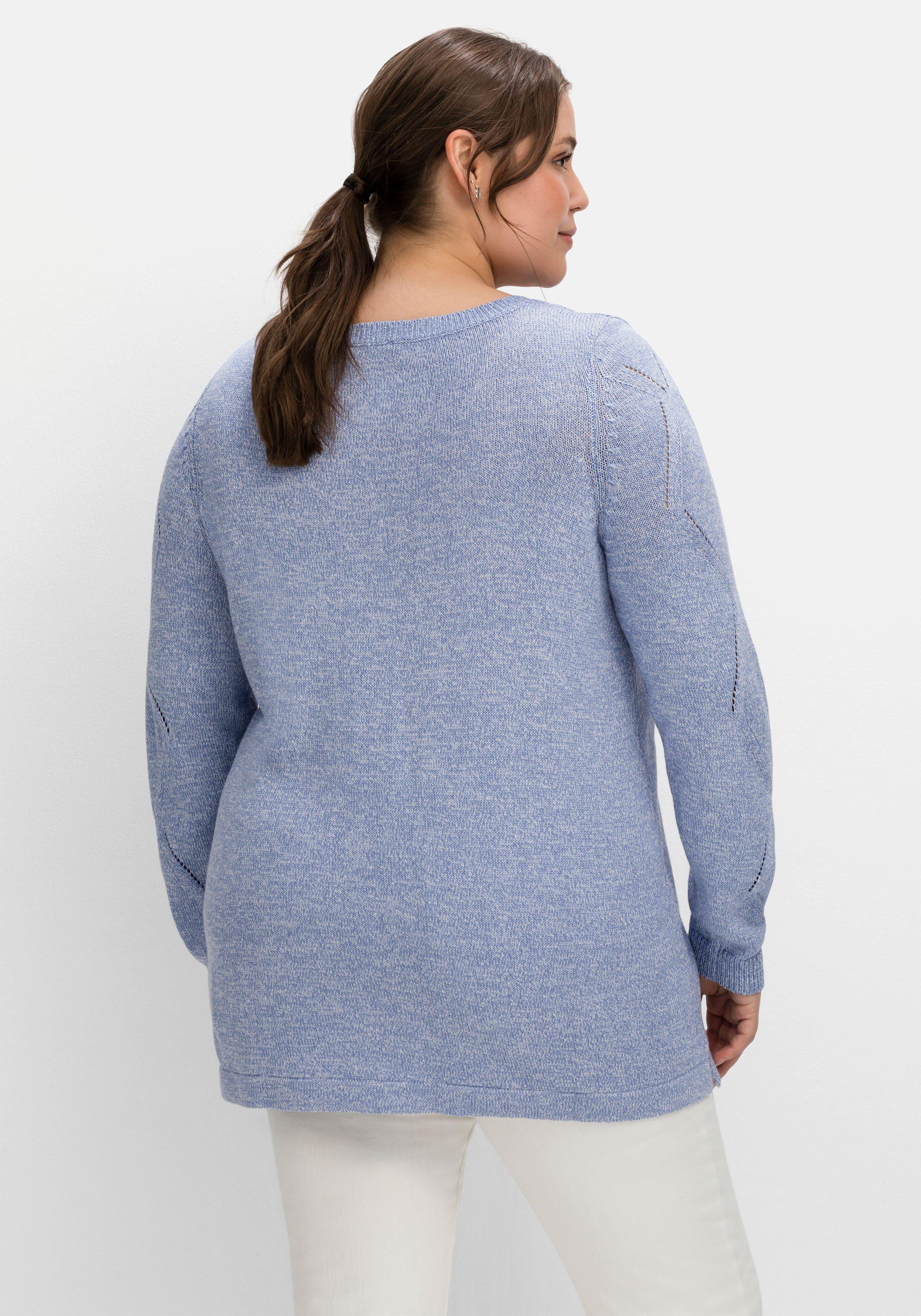 Melierter Pullover mit Ajourmuster am Ärmel