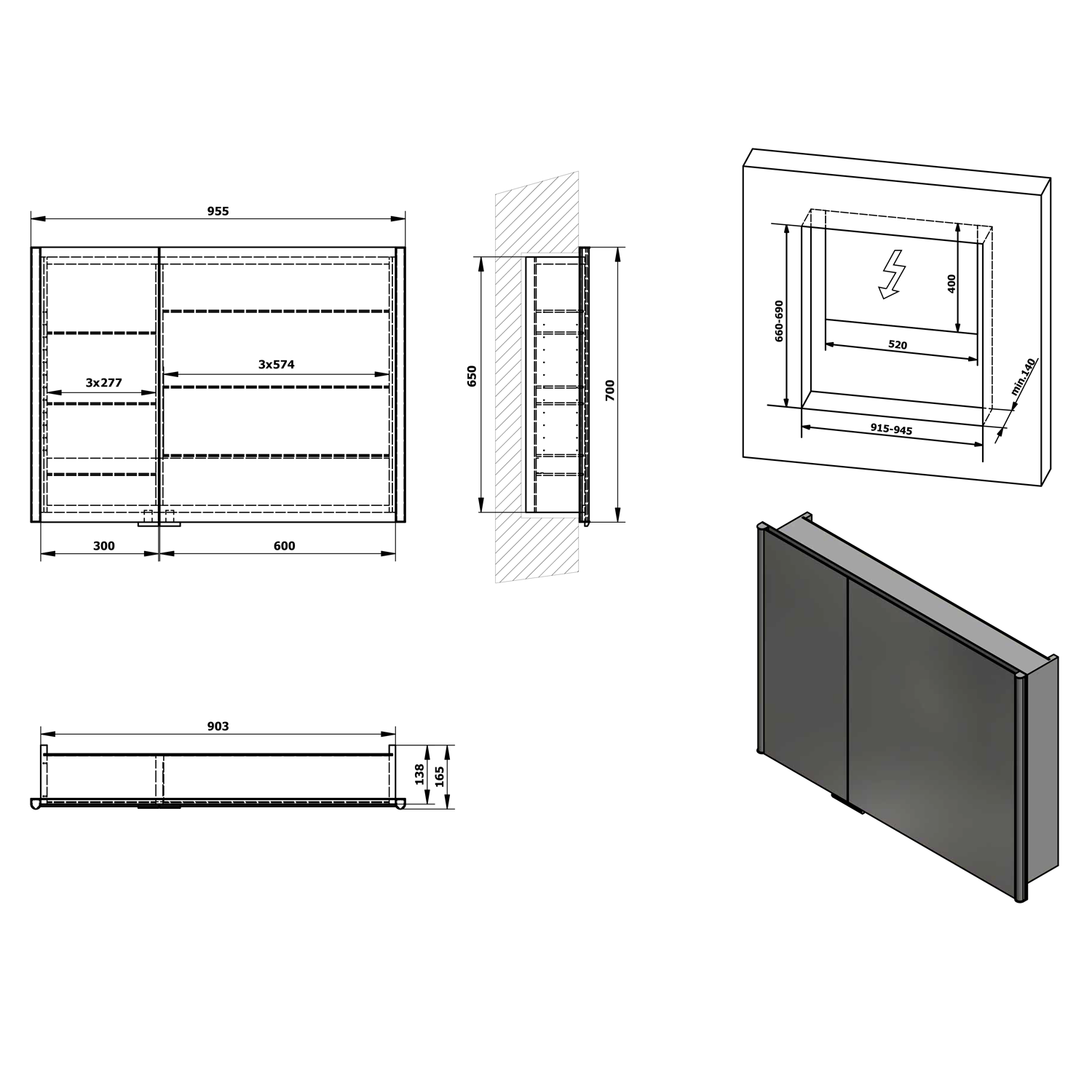 Sapho Integra inbouw spiegelkast met LED verlichting 95x70cm