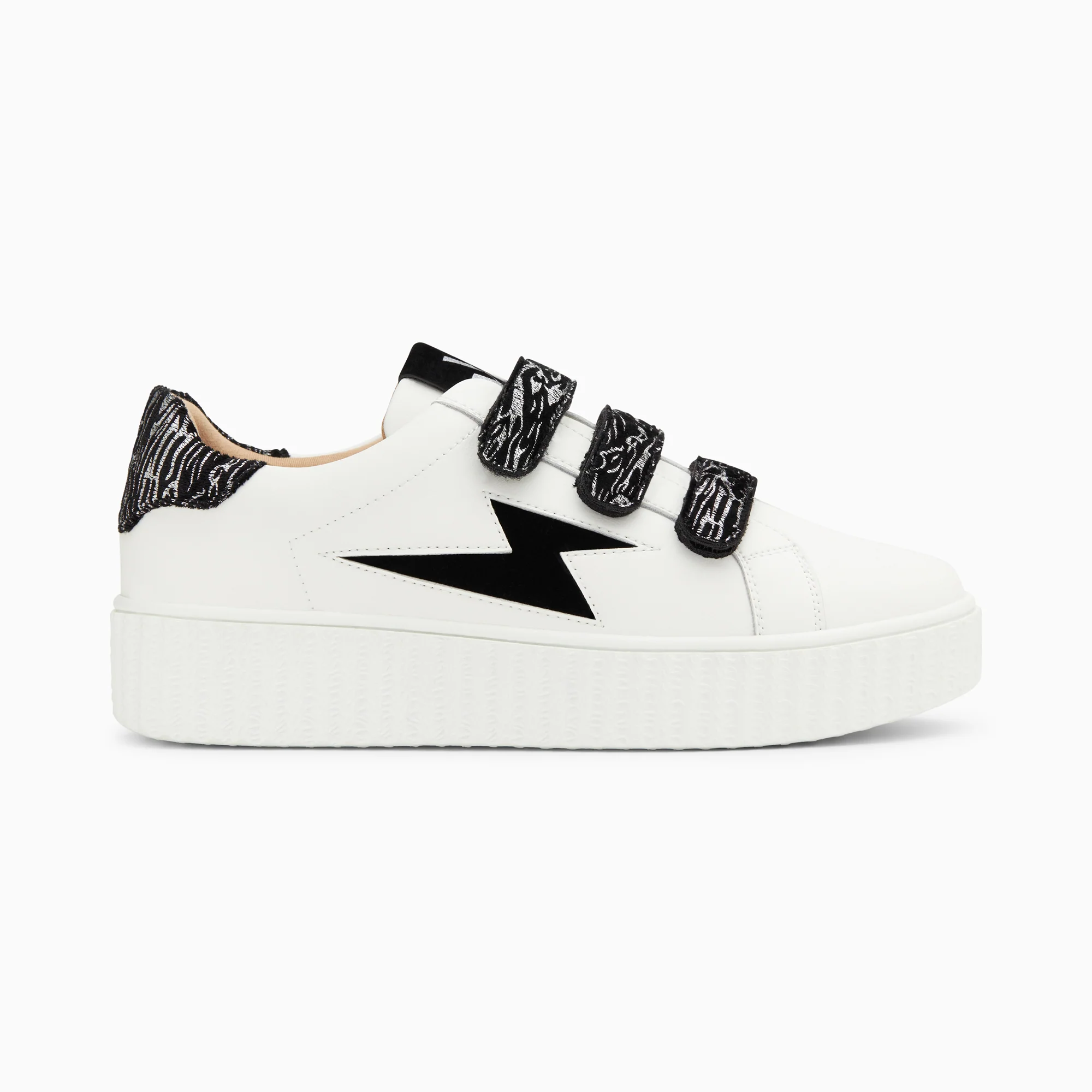 Sneakers-Baskets éclair Ingrid blanc et noir zébré à scratchs