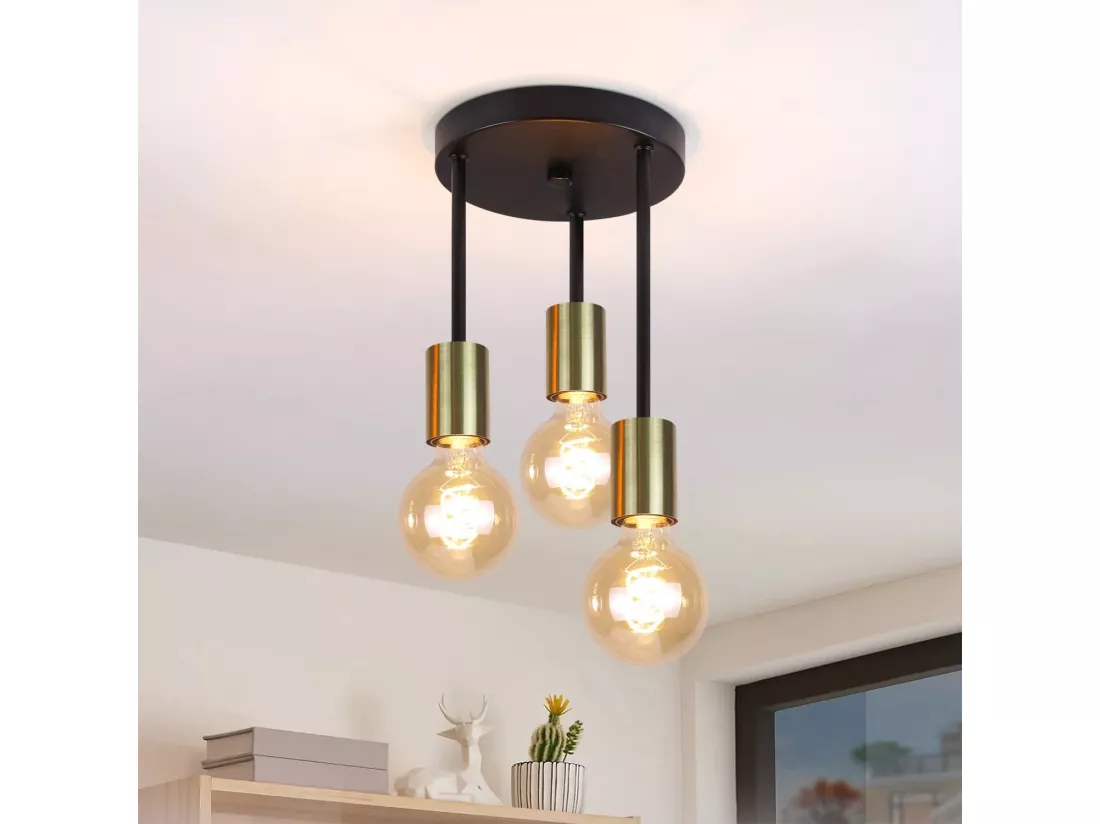NETTLIFE Plafonnier 3 Spots E27 Suspendu Vintage Noir Or avec Lustre Industriel Moderne pour Salle à Manger Cuisine Couloir Salon Bar, Max. 25w