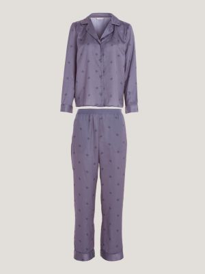 Conjunto de pijama de manga comprida em cetim com monograma TH