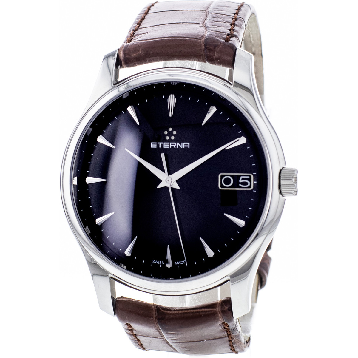Montre d'occasion Eterna Vaughan homme automatique acier bracelet cuir marron