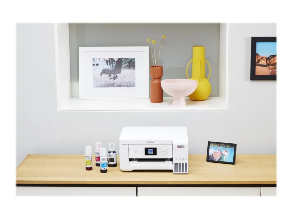 Epson EcoTank ET-2856 - Multifunktionsprinter - farve - blækprinter - kan genopfyldes - A4 (medie) - op til 10.5 spm (udskriver) - 100 ark - Wi-Fi, USB - hvid
