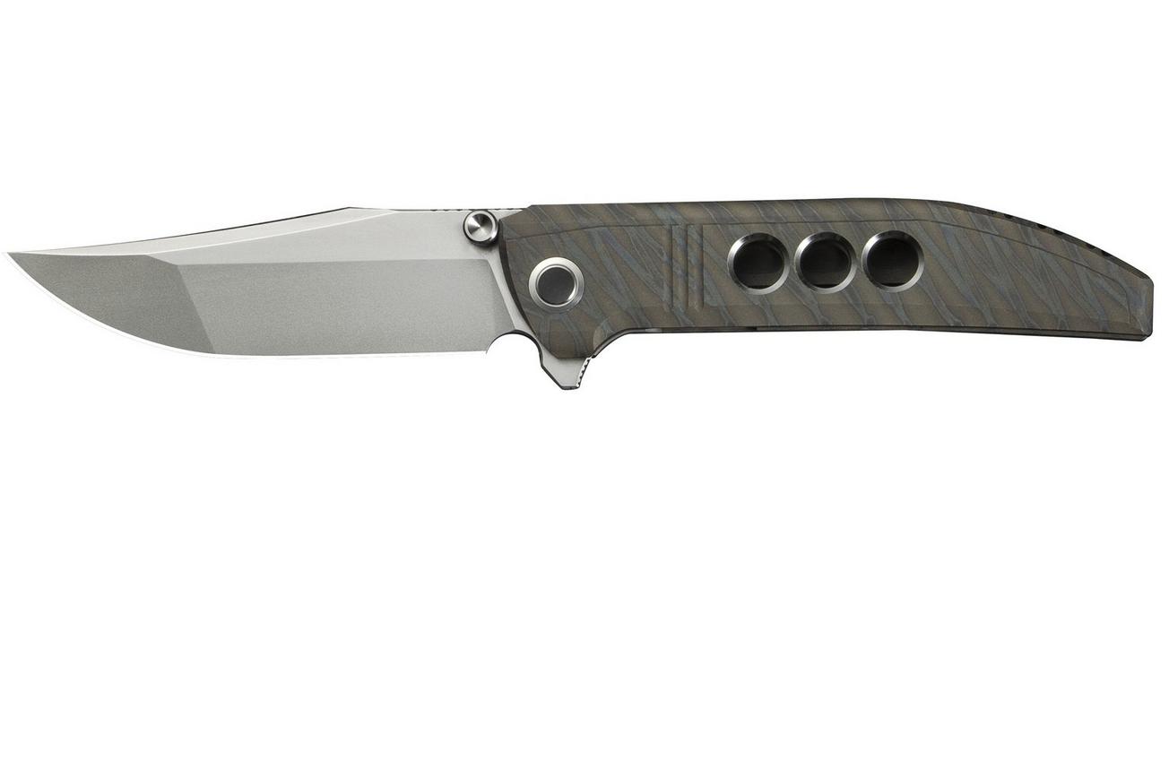 WE Knife Ezinta WE22041-4 Polished Bead Blasted Böhler M390, Tiger Stripe Flamed Titanium, zakmes
