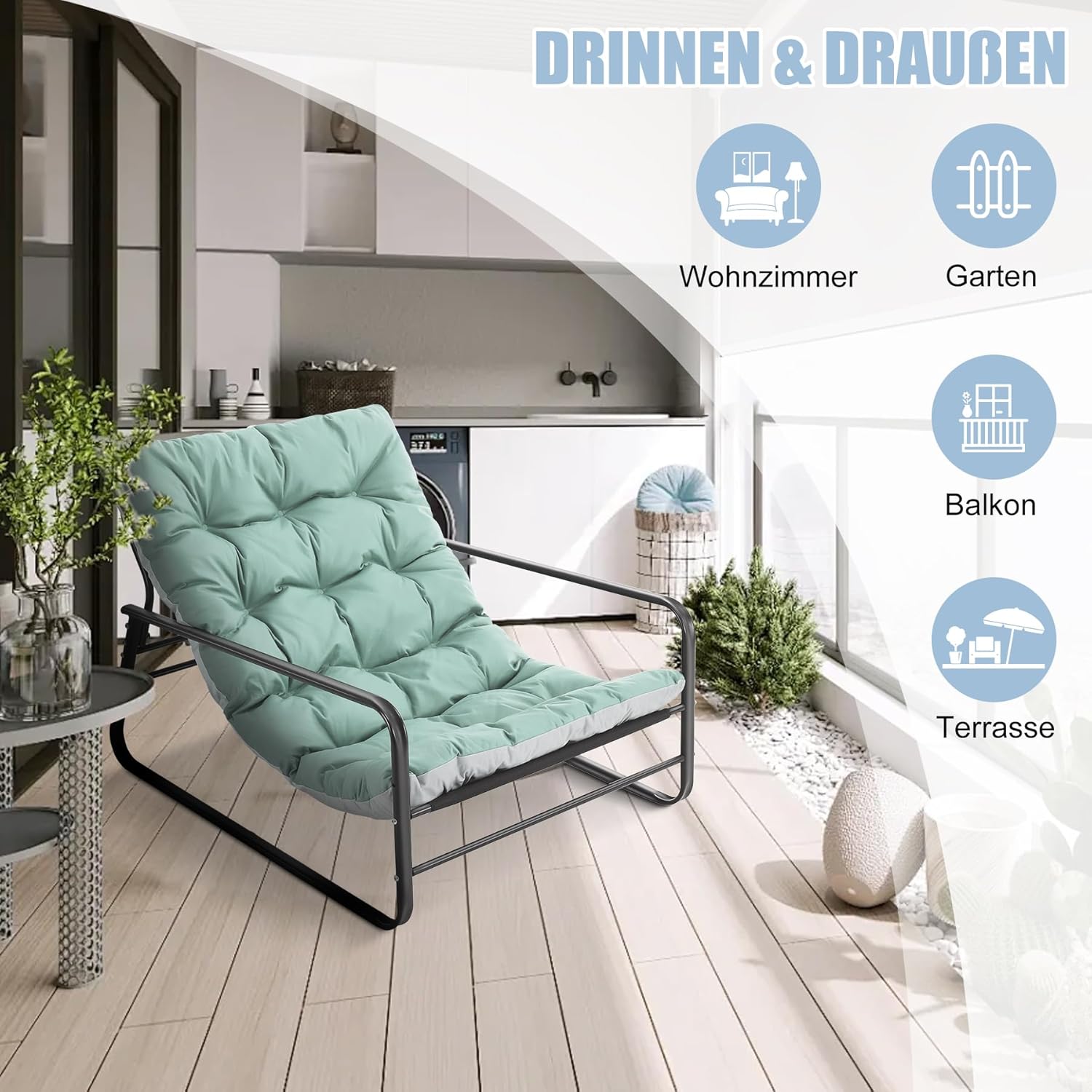 Sessel wohnzimmer Loungesessel Gartenliege mit Wendekissen Garten Liegestuhl Balkon möbel aus Stahl gepolsterter Stuhl für 2 Personen Gartensessel outdoor Relaxliege Balkon Garten Terrasse (Blau+Grau)