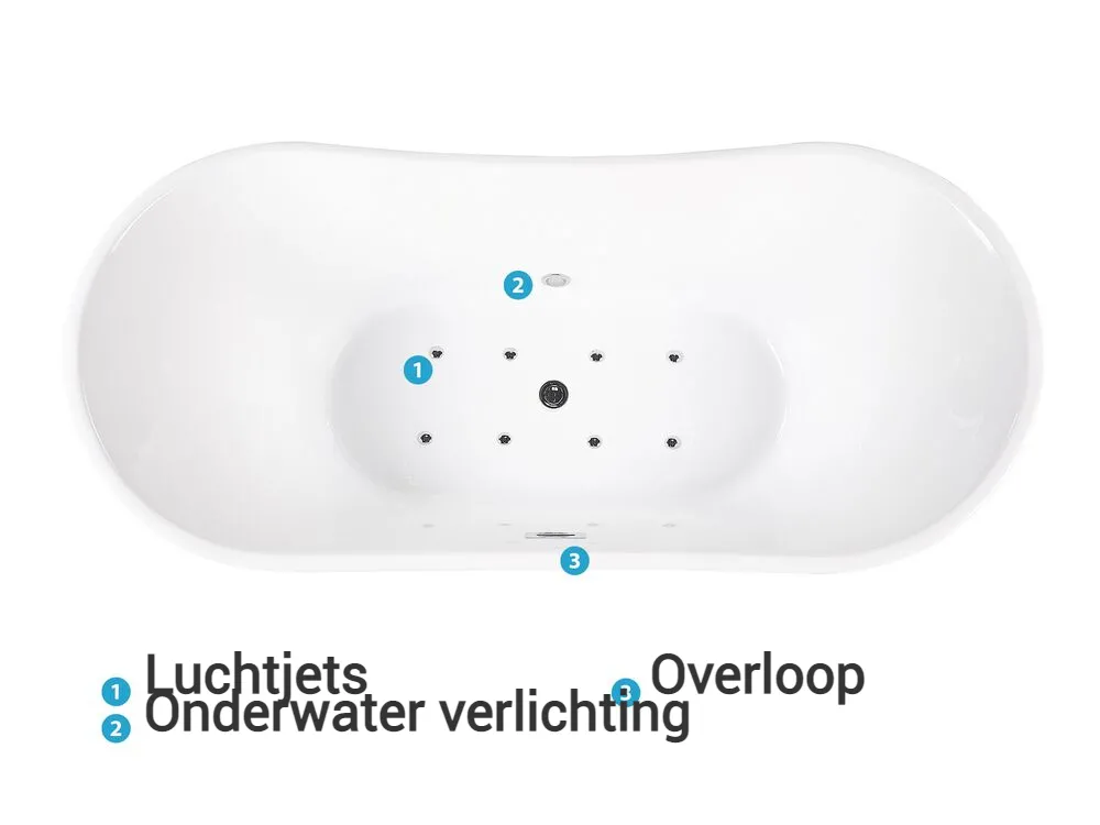 Vrijstaand bubbelbad met LED ANTIGUA 168 x 80 cm Wit