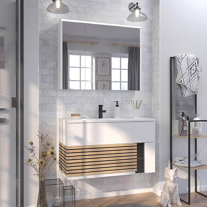 Meuble sous vasque à suspendre Archi blanc mat 90 cm + plan vasque en Céramyl® Decotec