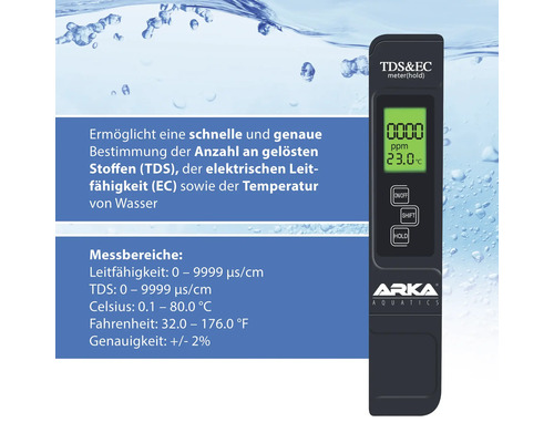 ARKA myAqua meetinstrument: TDS EC-temperatuurmeter voor het meten van waterparameters zoals geleidbaarheid, EC-waarde en temperatuur.