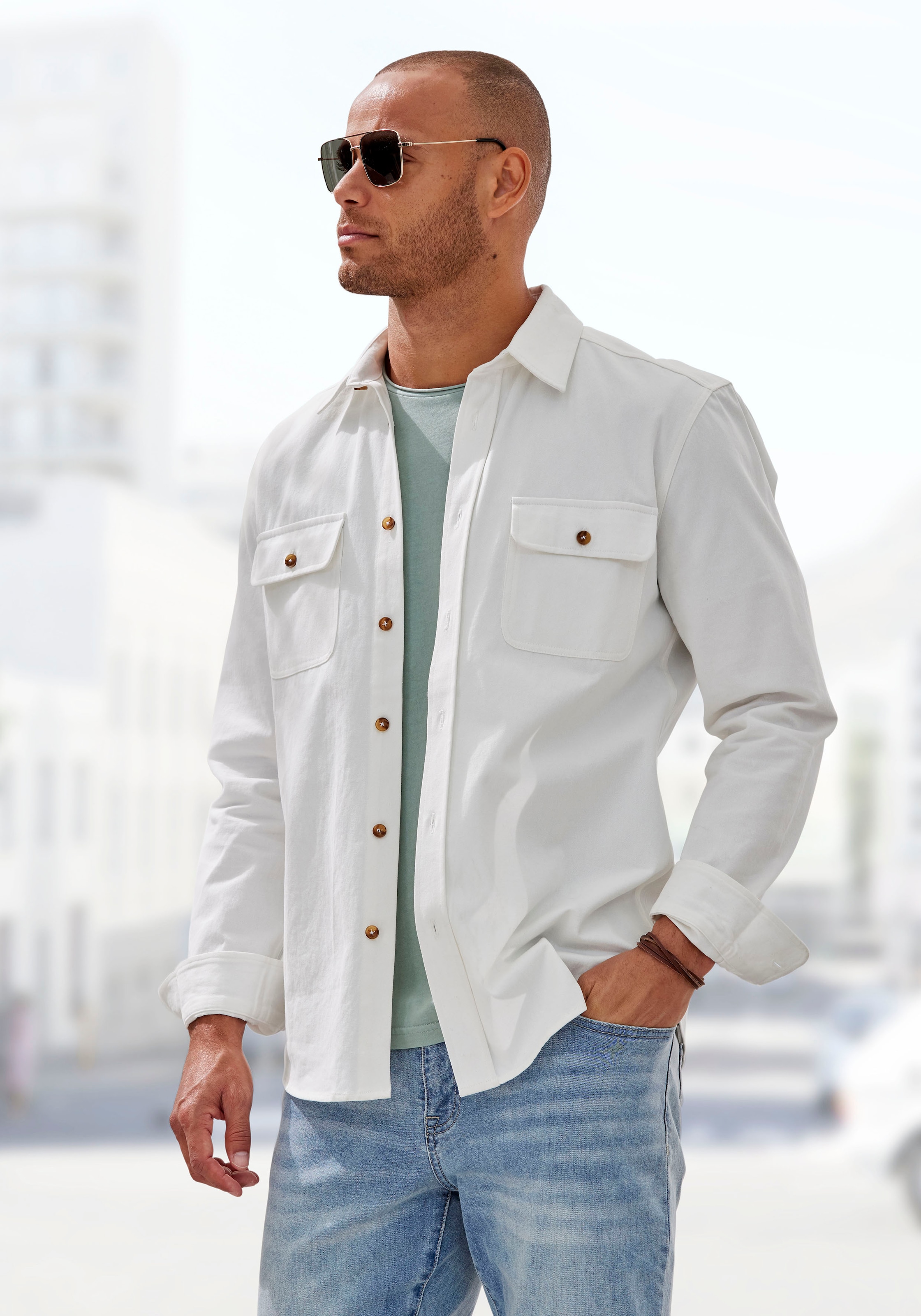 John Devin Langarmhemd , Overshirt aus reiner Baumwolle, mit aufgesetzten Taschen