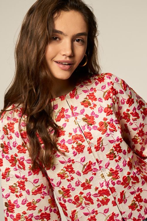 Beige jacquard bloemen top met lange mouwen