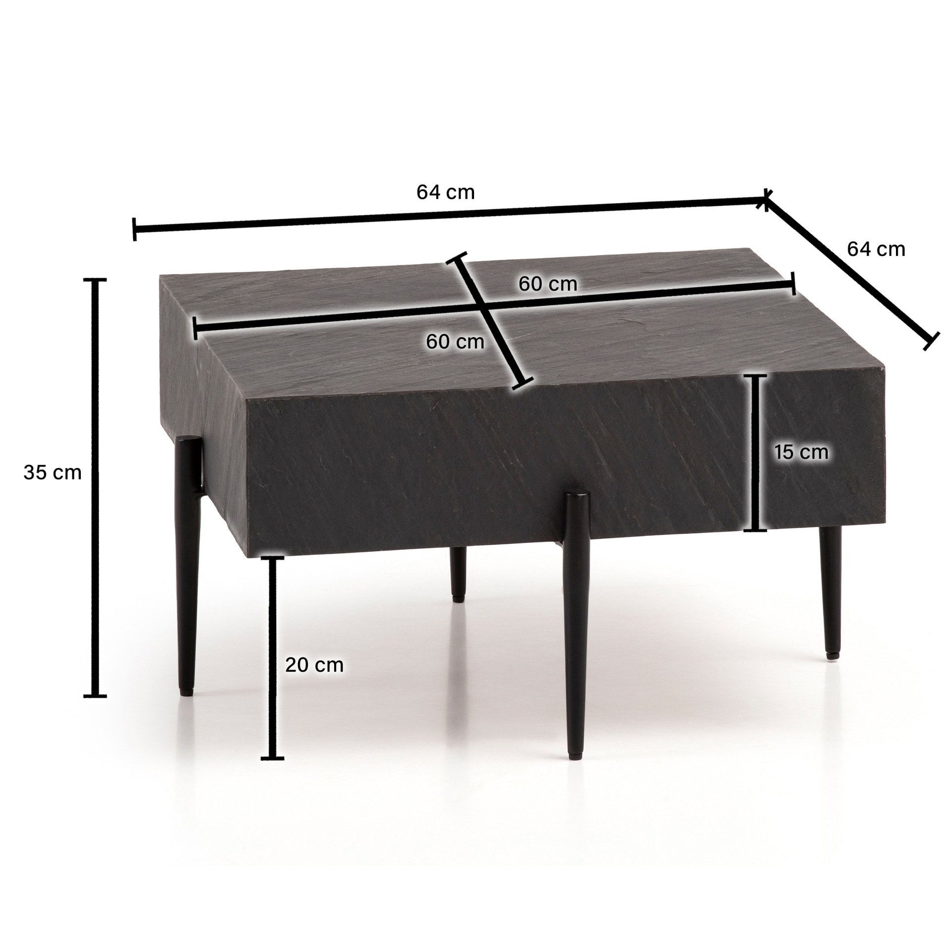 Couchtisch 64x35x64 cm 3D-Steinoptik/Metall Anthrazit/schwarz