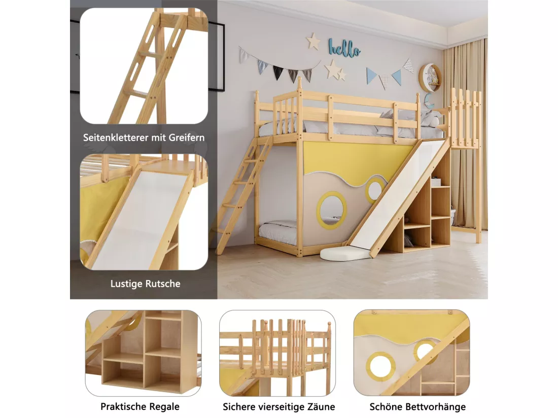 Lits superposés 2 x 90 x 200 cm avec rangements, escaliers, clôtures, rideau, toboggan - cadre en pin - Naturel et blanc
