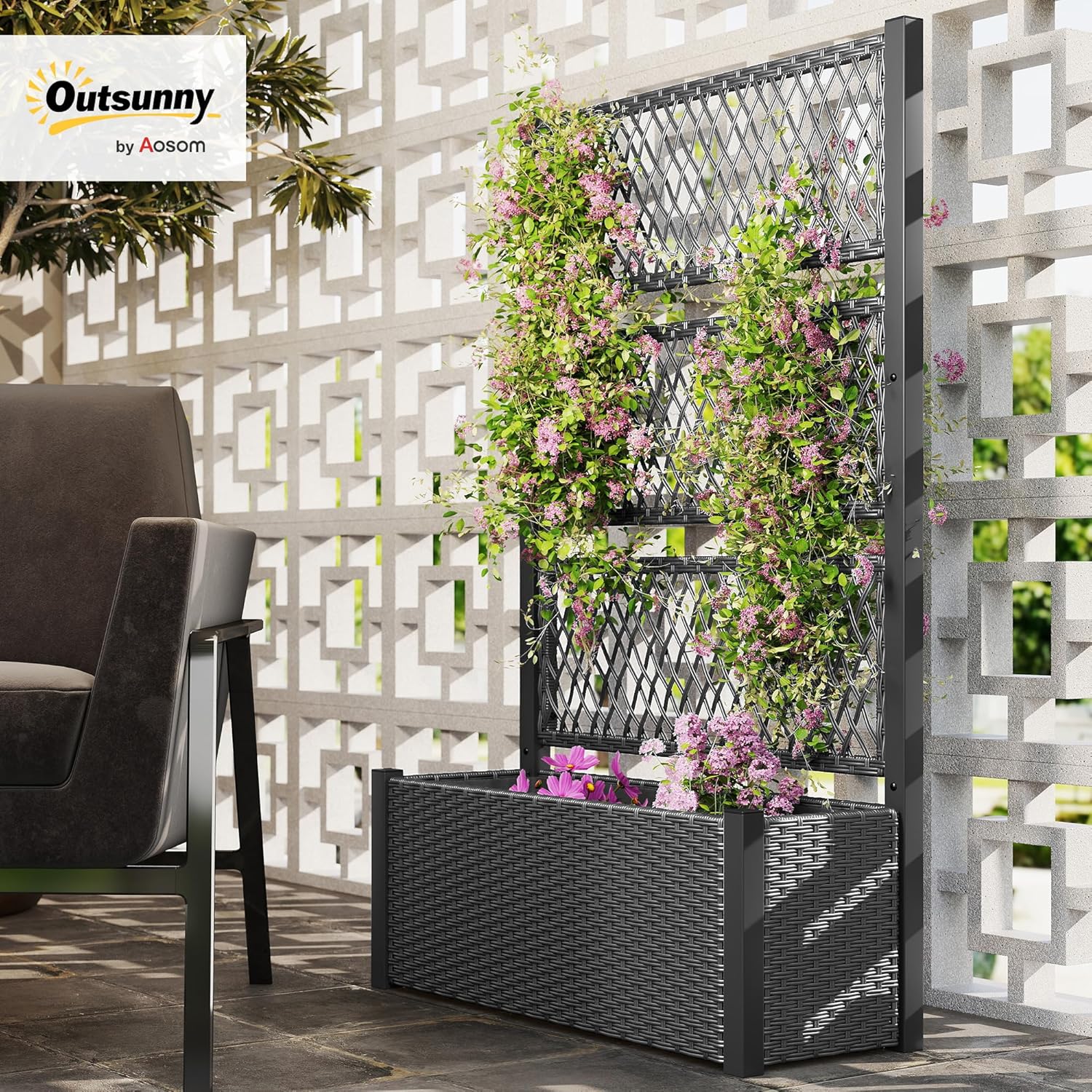 Outsunny Hochbeet mit Rankgitter in Rattan-Optik Pflanzkasten Blumenkasten mit Rankhilfe für Kletterpflanzen Blumenbeet Pflanzkübel Blumenkübel Rankkasten für Garten, Balkon 90 x 35 x 148cm Dunkelgrau