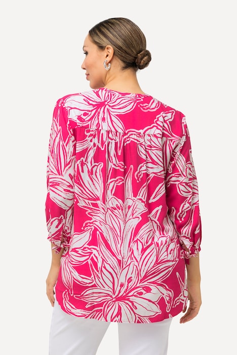 Tunika, Blüten, A-Linie, Tunika-Ausschnitt, 3/4-Arm