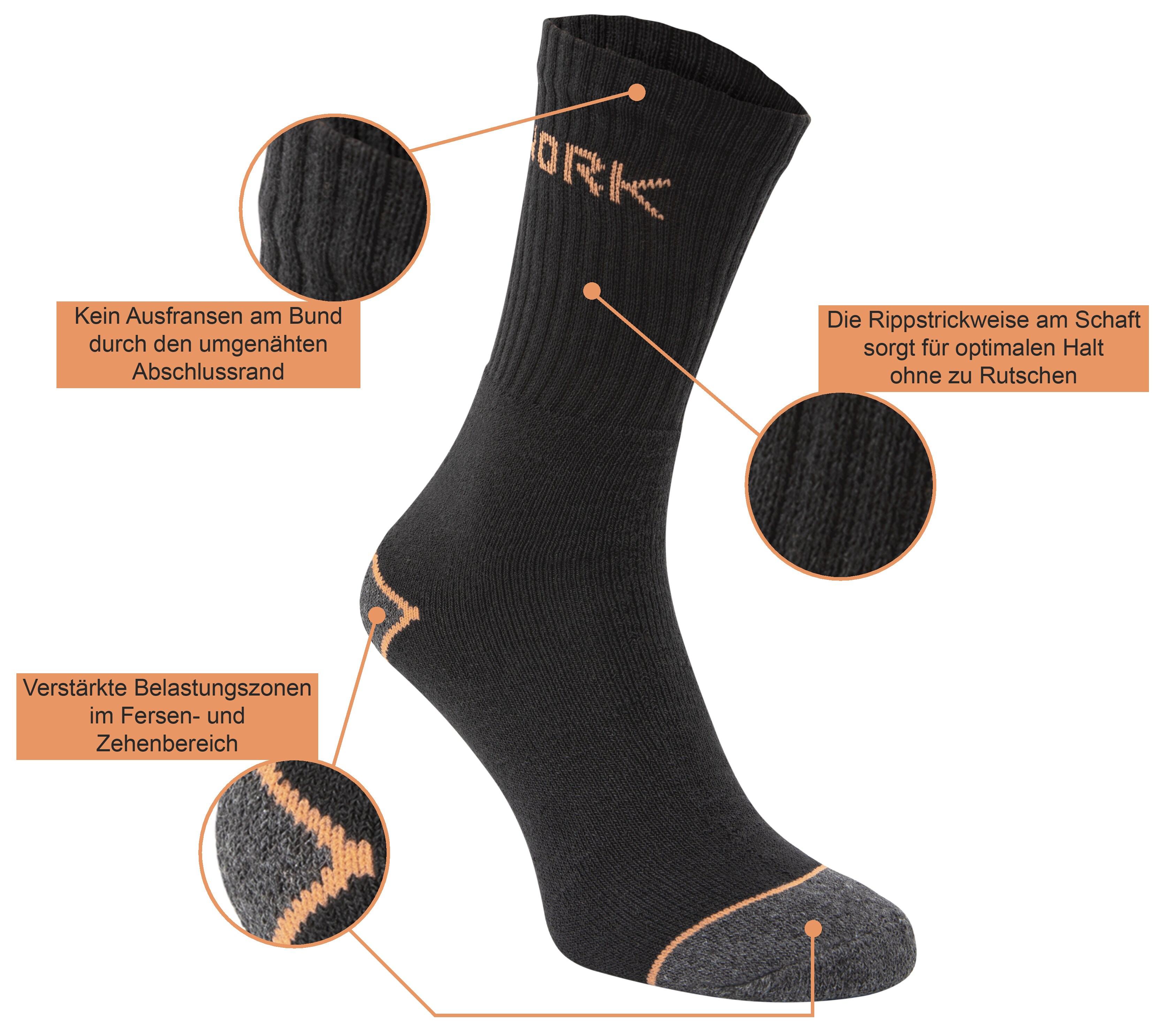 Paolo Renzo® Arbeitssocken 3 Paar - Größe 39/42 - Orange/Schwarz