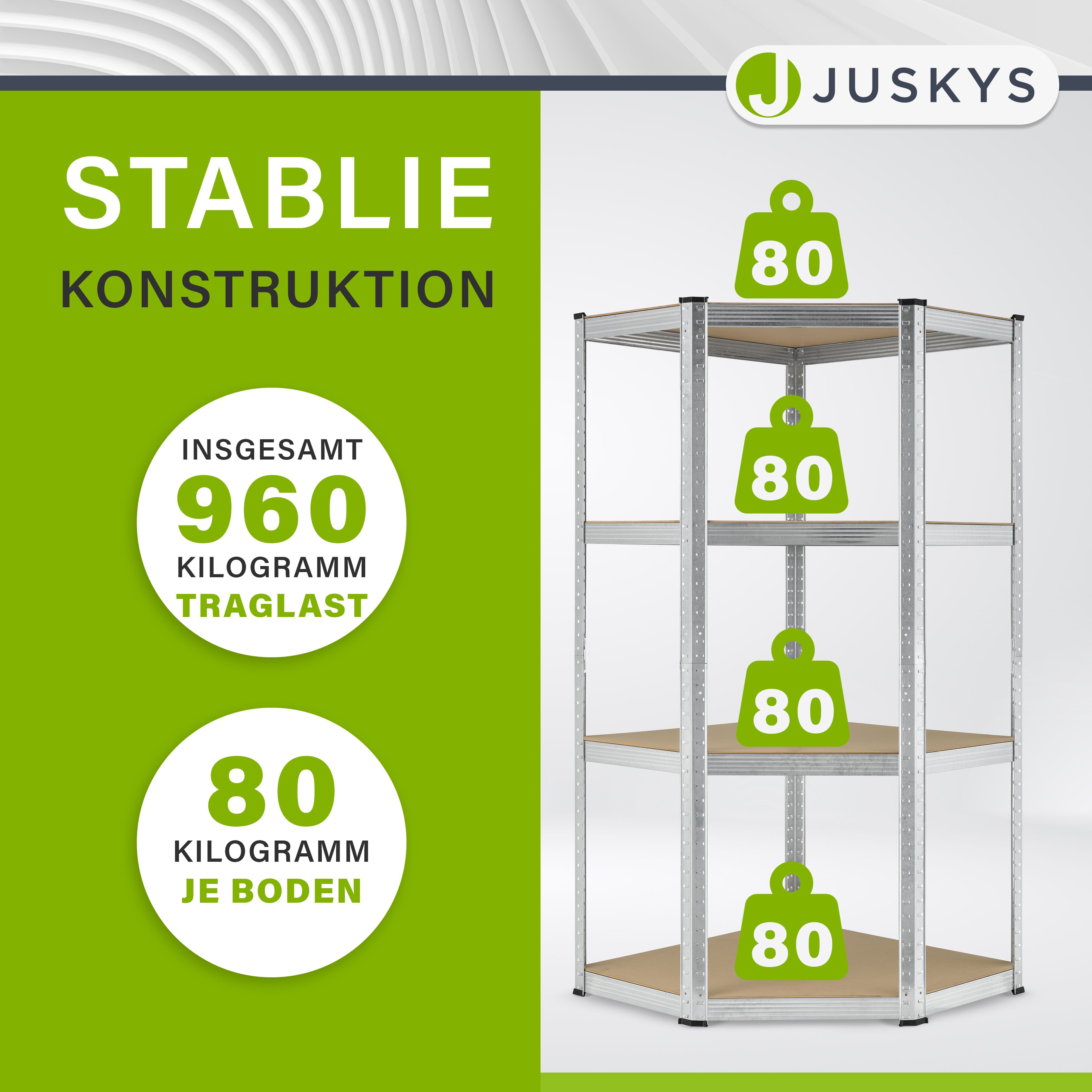 Juskys 3er Metall Regalsystem Easy | 1 Eckregal & 2 Schwerlastregale | 12 MDF Holz Böden | 960kg