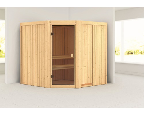 Karibu Kotka modulaire sauna zonder oven en dakkroon, met gebronsde volledig glazen deur