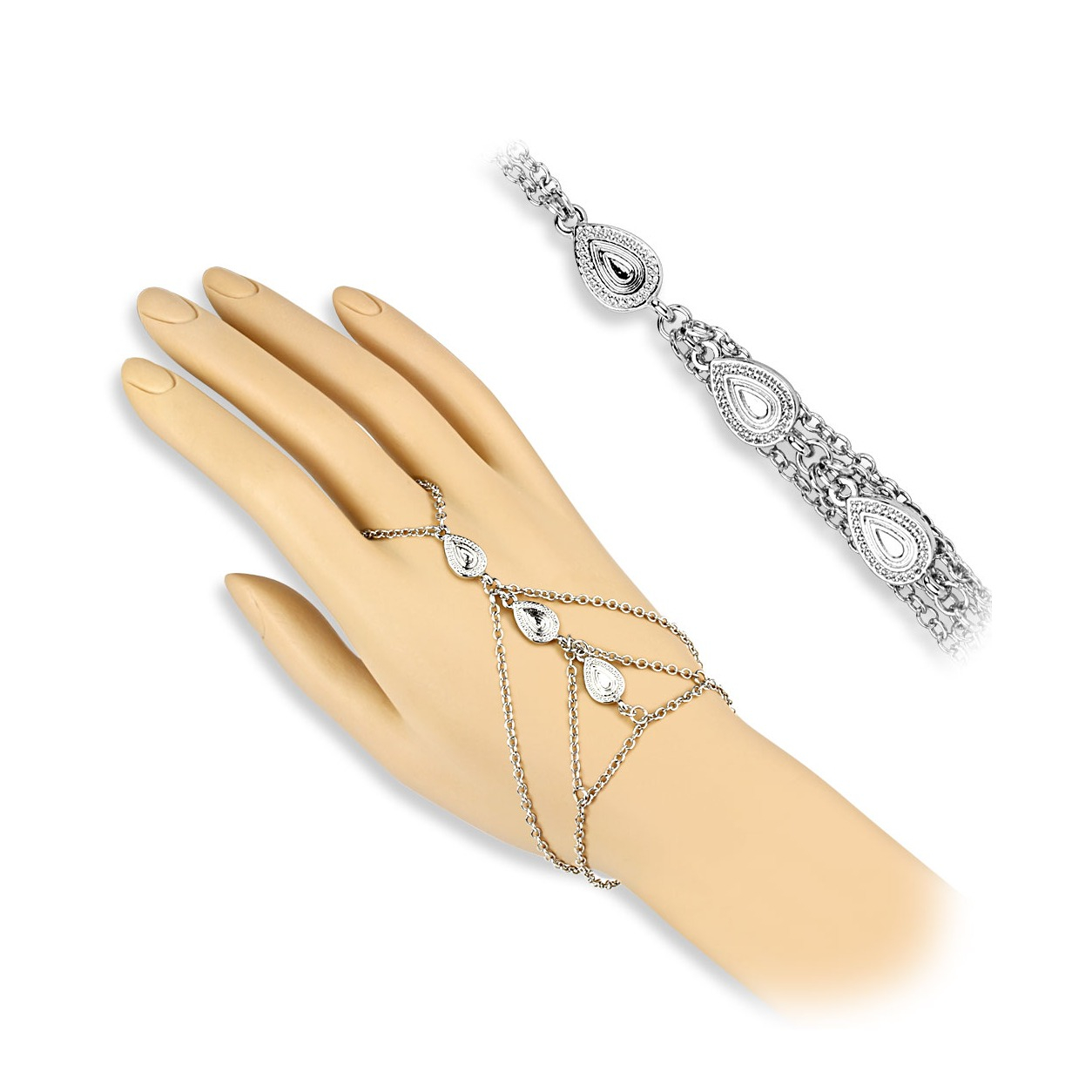 (Ø8-10cm) Finger Armband Kette Hand Schmuck Drei Tropfen - Silber