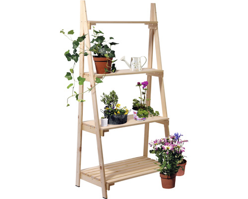 Houten plantenplank 75 x 39 x 146 cm natuurlijke afwerking inclusief vier opbergvakken