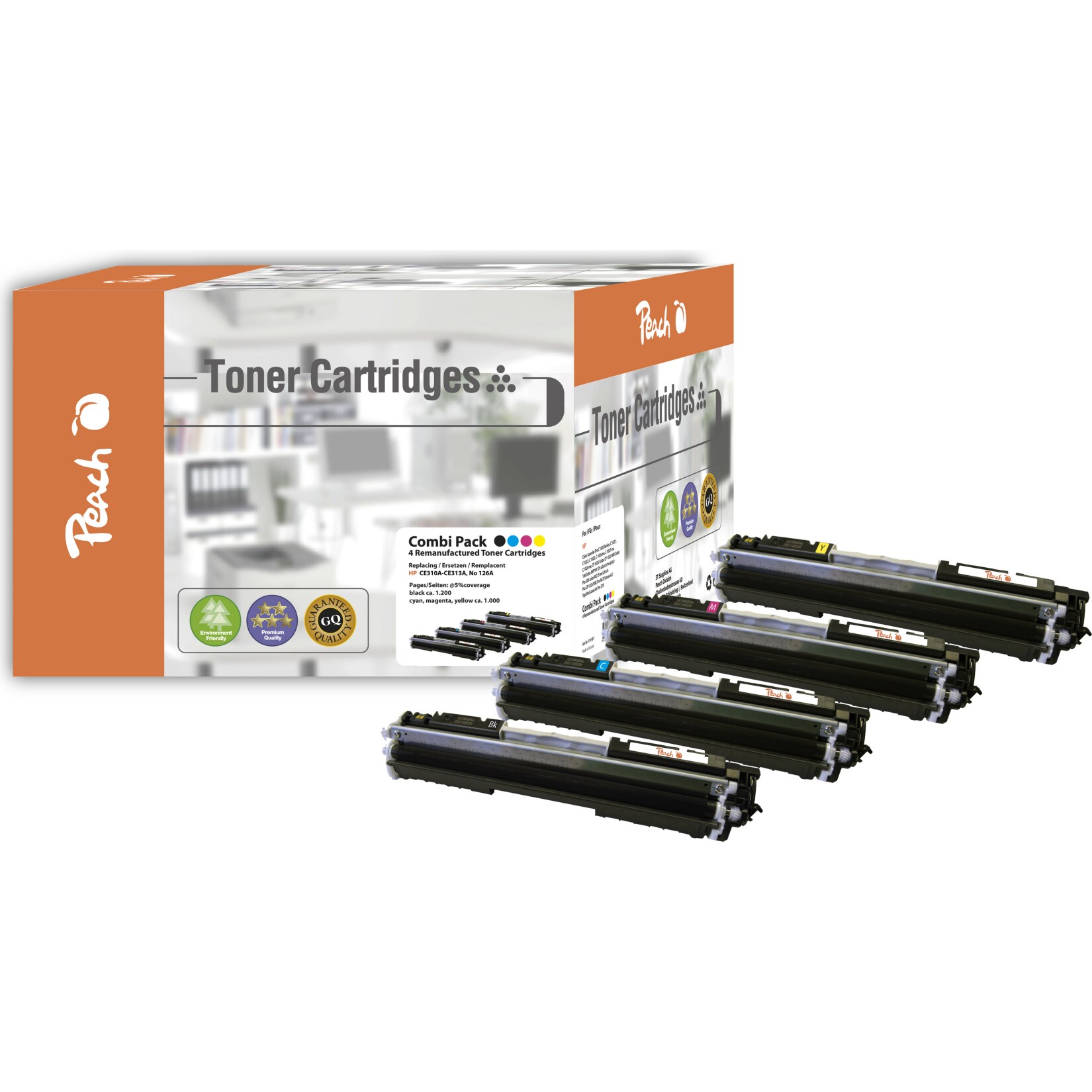 Peach HP 126 A 4 Toner (bk, c/m/y) ersetzt HP No. 126A, CE310A, CE311A, CE312A, CE313A für z.B. HP Color LaserJet Pro CP 1000, HP LaserJet CP 1000 (wiederaufbereitet)