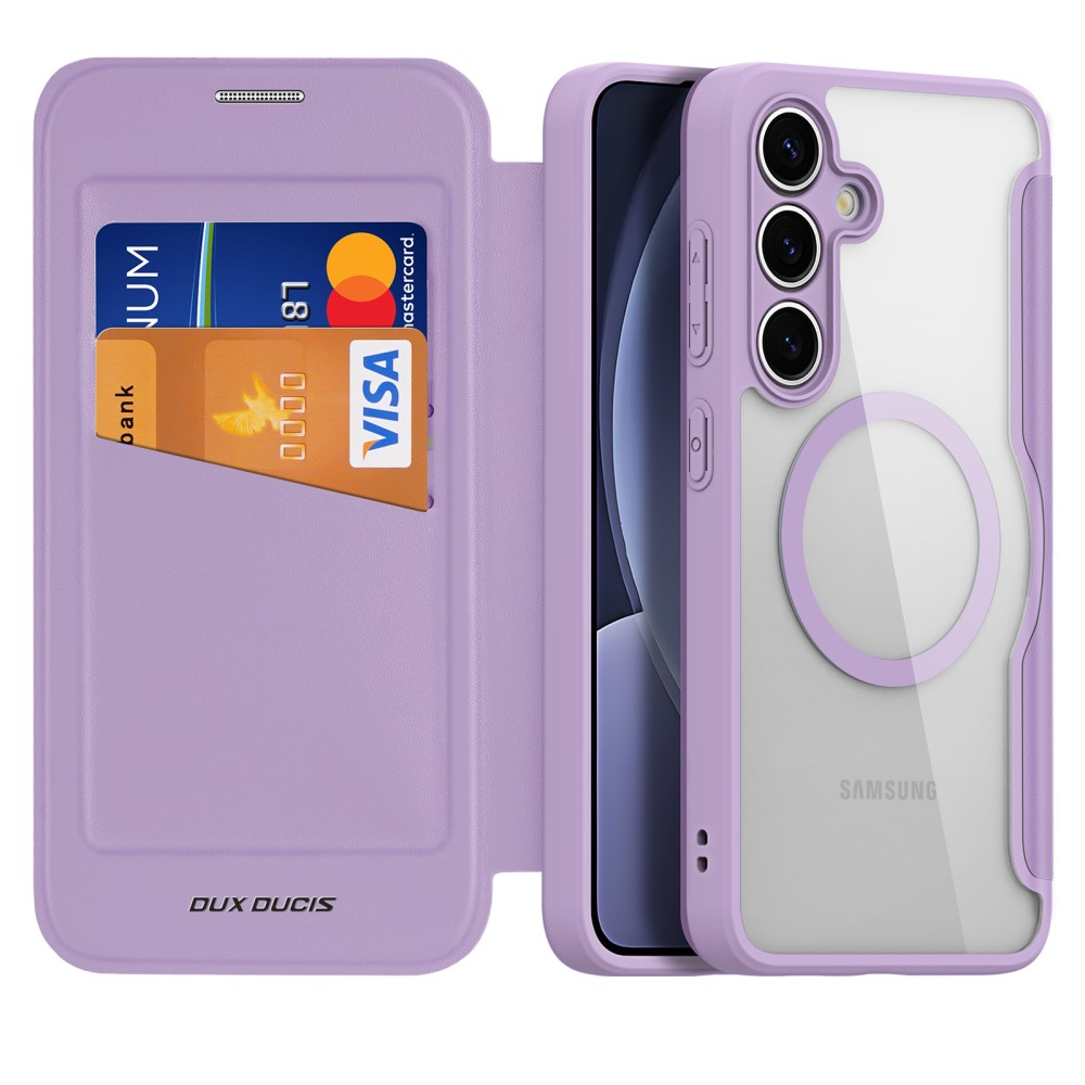 Samsung Galaxy S25 Hybrid Leder Tasche   Kunststoff Rückseite MagSafe-Modul - Lila / Transparent