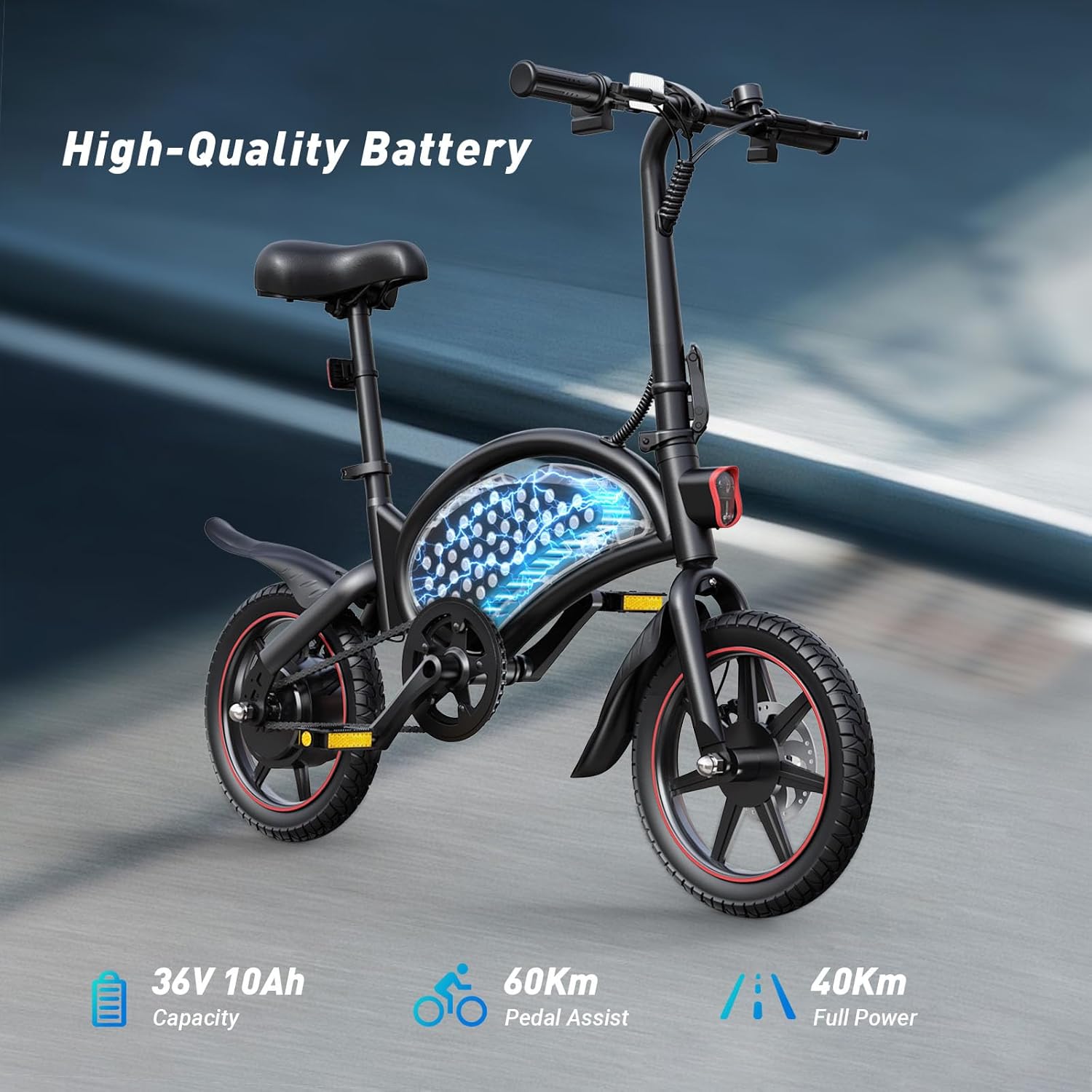 DYU Vélo Électrique Pliable,14 Pouces Vélo Électrique Portable,Smart E-Bike, Pédalage Assisté, Hauteur Réglable, Portable Compact, Adulte Unisexe (Noir, D3F 10AH)