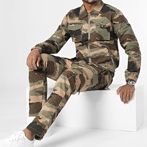 Ensemble Veste Zippée Et Pantalon Cargo Vert Kaki Marron Camouflage