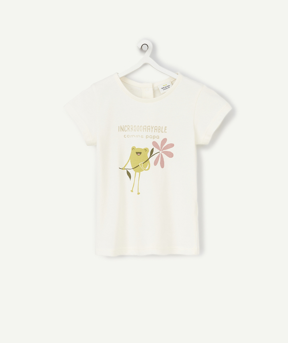 T-SHIRT BÉBÉ FILLE EN COTON BIO ÉCRU MOTIF GRENOUILLE