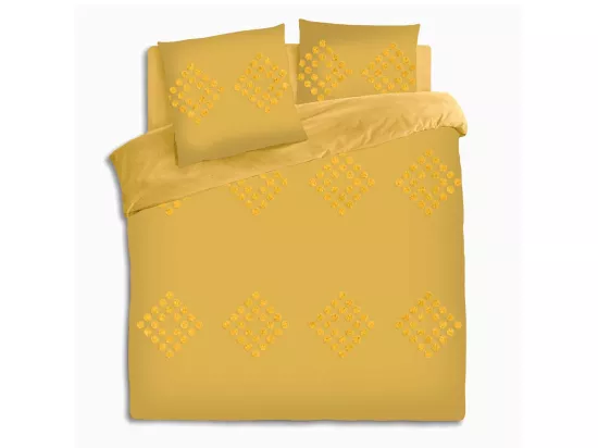 Parure de lit 2 Personnes 260 x 240 cm Housse de couette avec 2 taies en Coton lavé Ocre et tufté