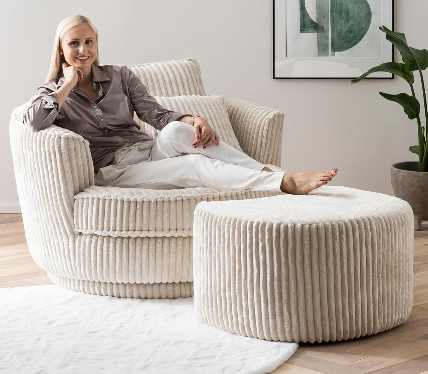 Sessel in beige/wollweiß Cord Stoff XL Drehsessel 360° drehbar inklusive 3 x Kissen Relaxsessel mit Fußhocker Comfy (Wollweiß, Mit Hocker)