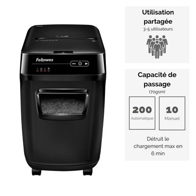 Fellowes AutoMax 200C - destructeur de documents coupe croisée - 200 feuilles - Corbeille 32 litres - anti-bourrage - destruction silencieuse