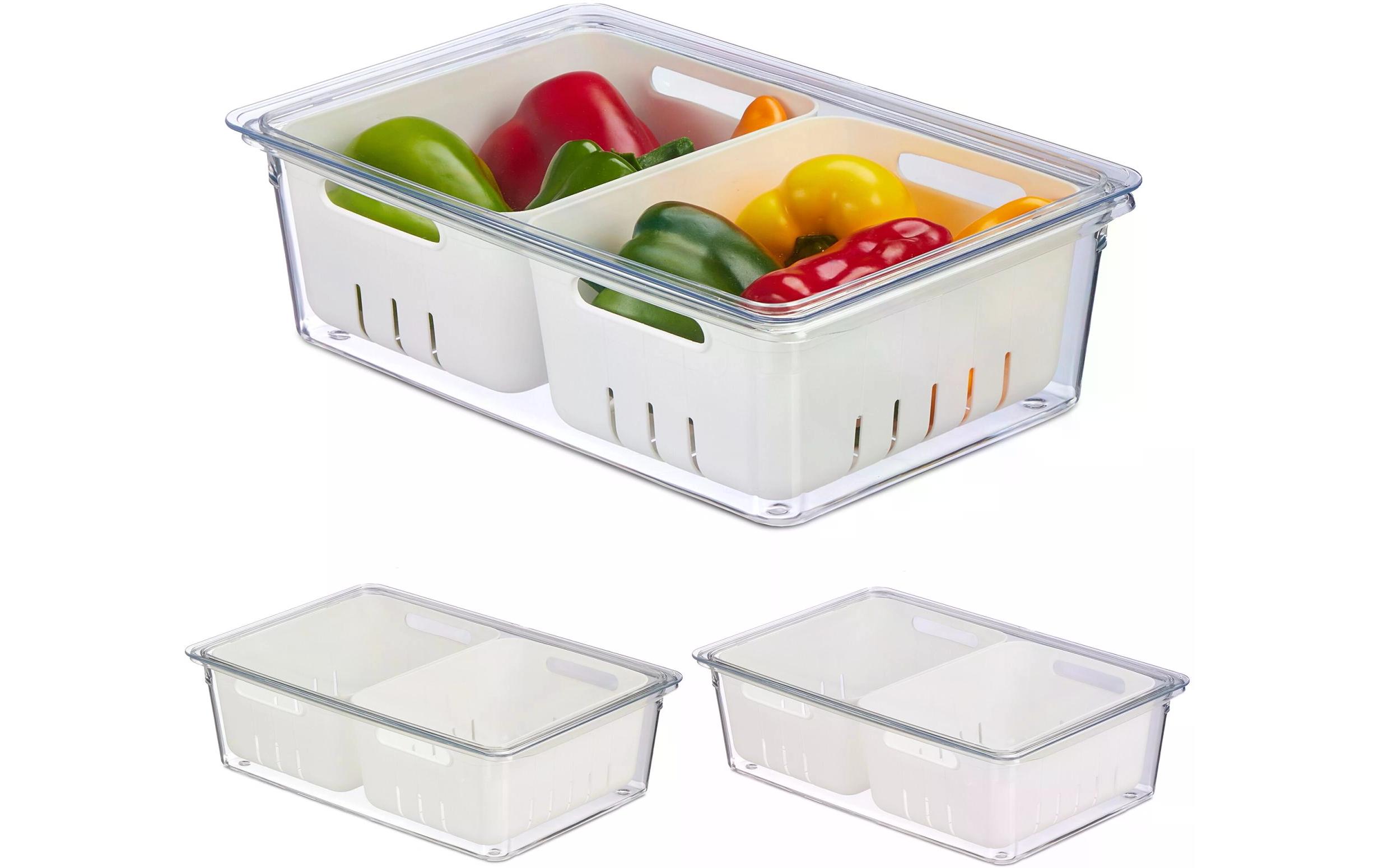 Kühlschrankorganizer 800 g, 3 Stück, Transparent/WeissStapelbare Obstfrischhaltebox im 3er Set