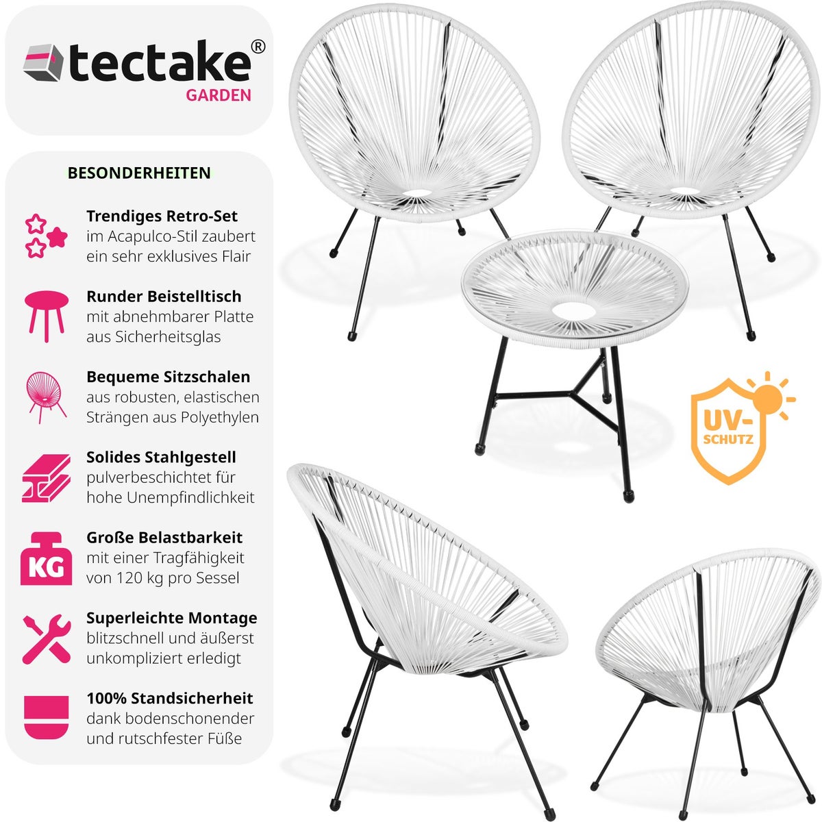 Santana tuinstoelen met tafel, tectake retrodesign in Acapulco-stijl, stoeldraagvermogen 120 kg
