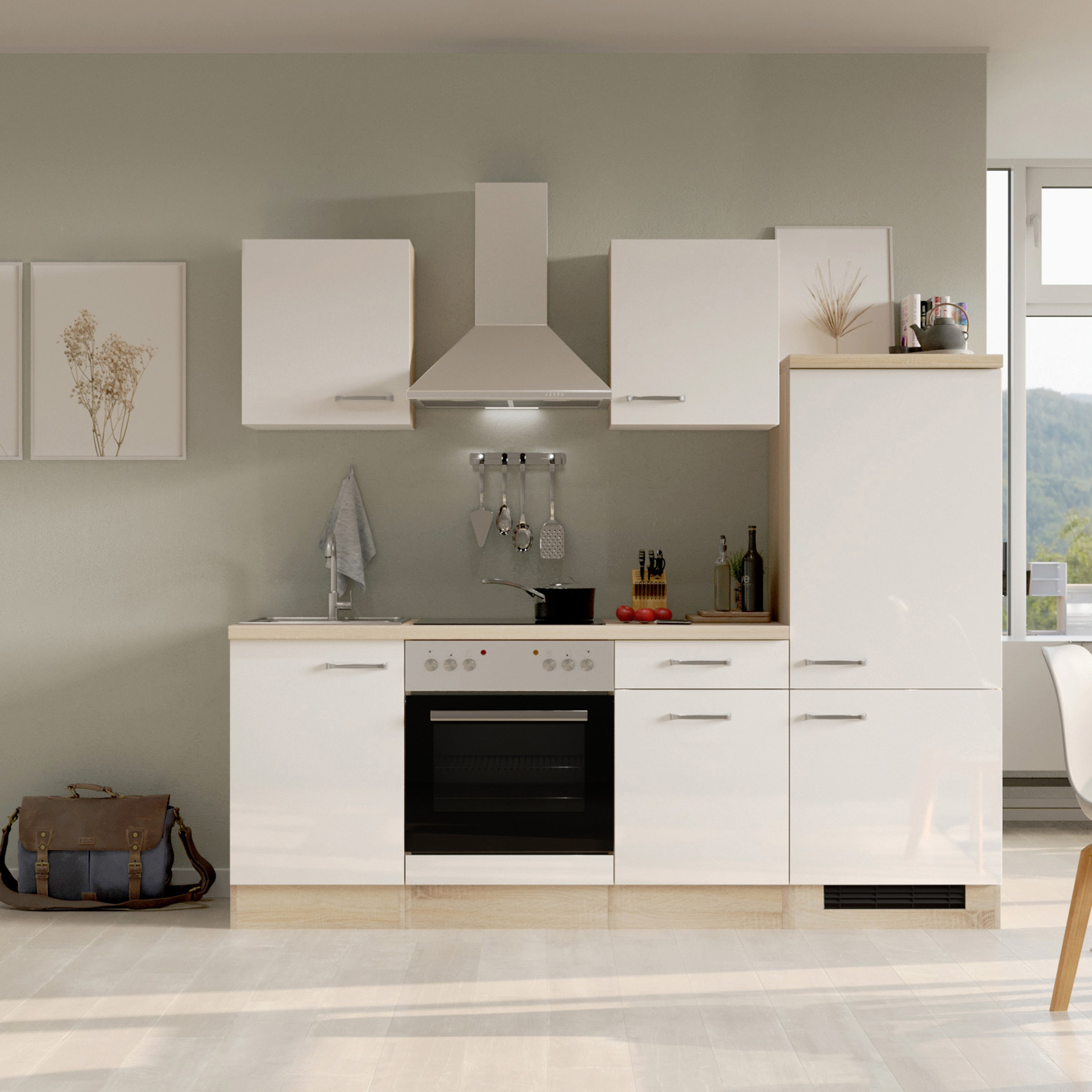 Küchenblock VALERO - weiß Hochglanz - Sonoma Eiche - mit E-Geräten - 220 cm