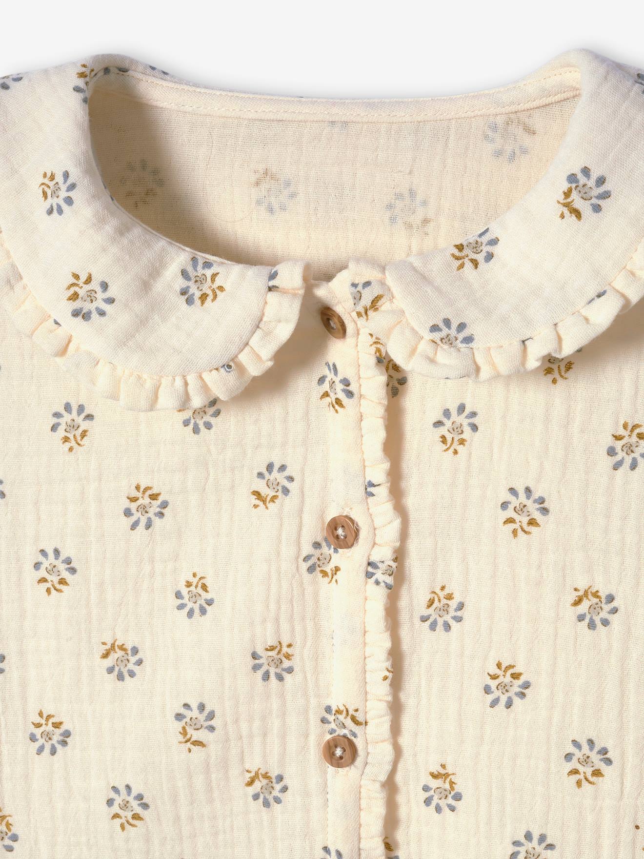 Blusa de chiffon de algodão com detalhes de babados e estampas, para meninas, tamanho médio, estampa branca.