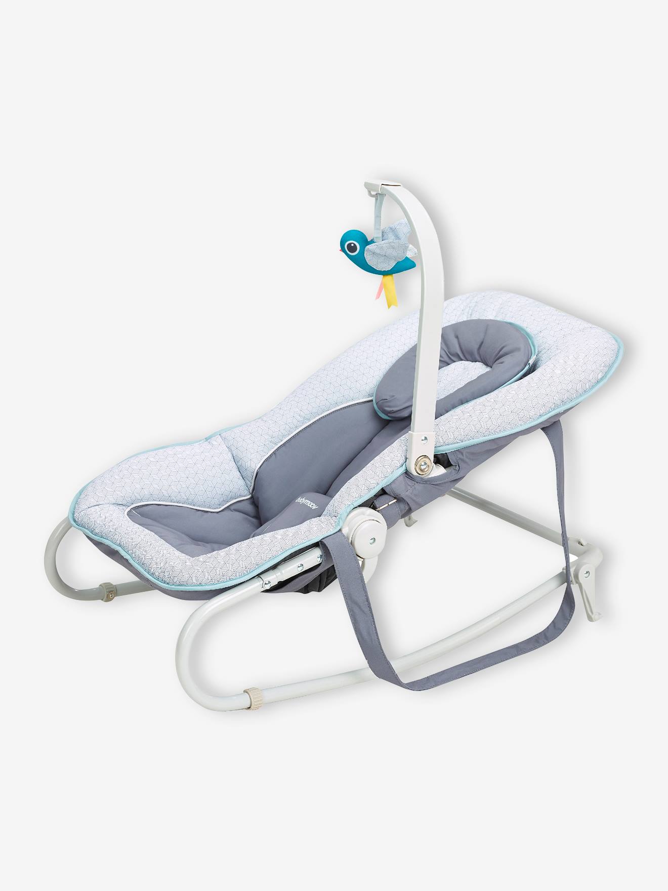 Cadeira de balanço BABYMOOV Graphik com arco de atividades. Estampa azul clara.