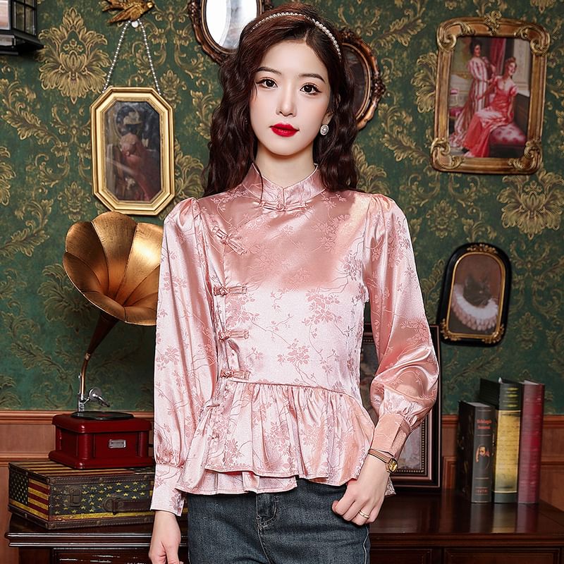 Dragan Pulse - Blouse met pofmouwen en hoge hals, jacquardmotief en kikkermotief, met knopen
