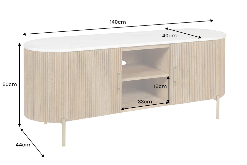 Massives TV-Board TRES CHIC 140cm natur Mangoholz weiß Marmor mit viel Stauraum