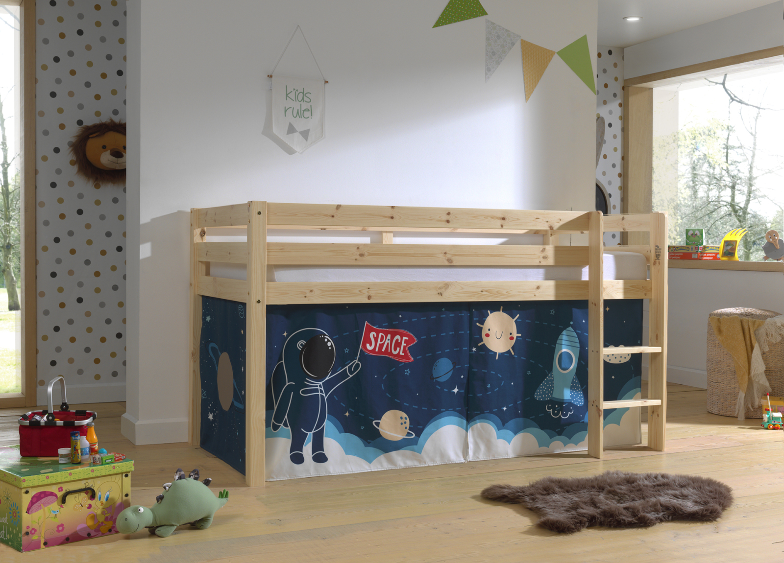 Hochbett PINO - Space Shuttle - Kiefer natur lackiert - 90x200 cm