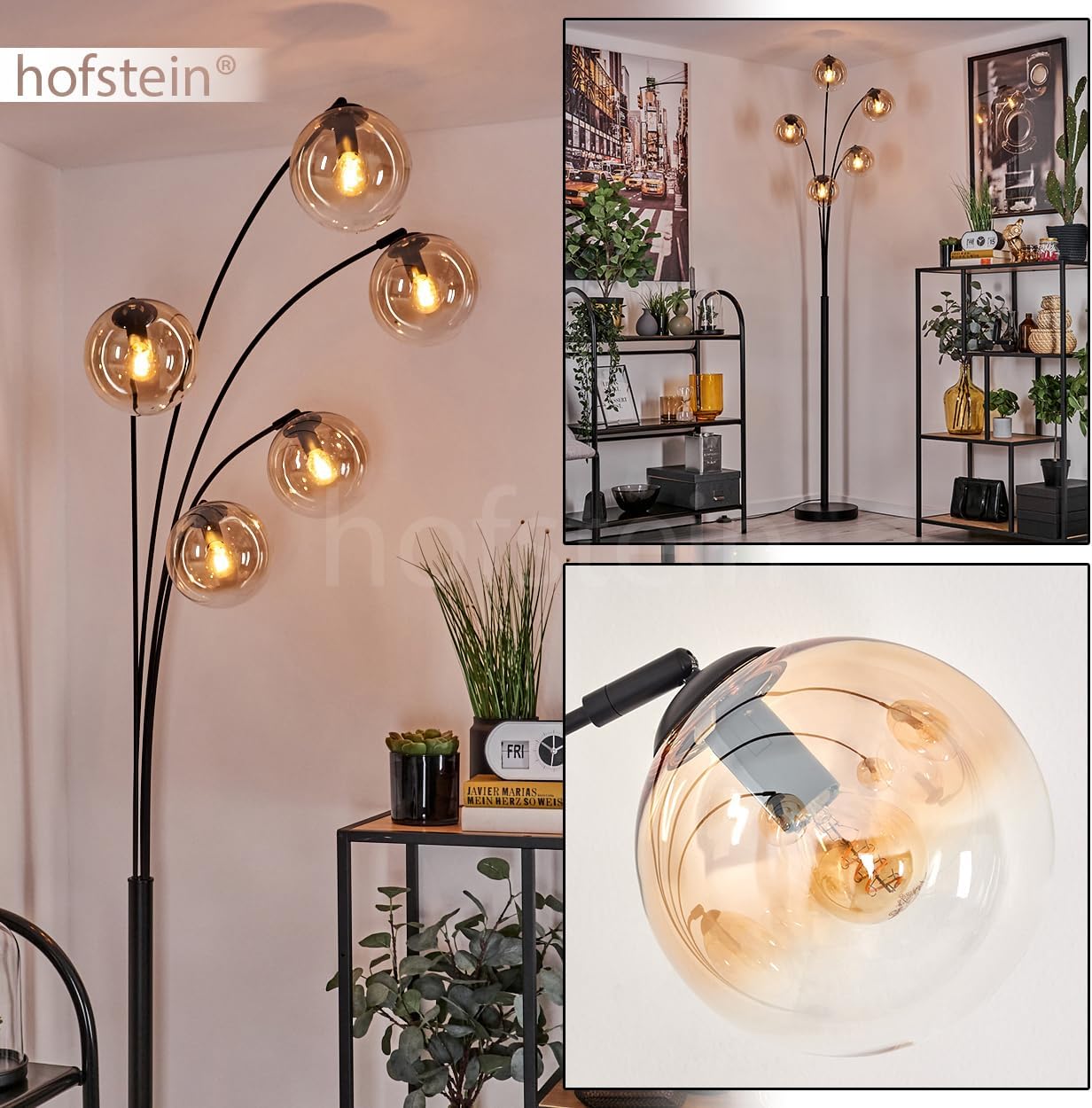 Stehleuchte Gastor, Stehlampe aus Metall/Glas in Schwarz/Bernsteinfarben/Klar, Leuchte im Retro/Vintage-Design mit Schirmen aus Glas (Ø 15 cm) u. Fußschalter, Höhe 210 cm, 5 x E14, ohne Leuchtmittel