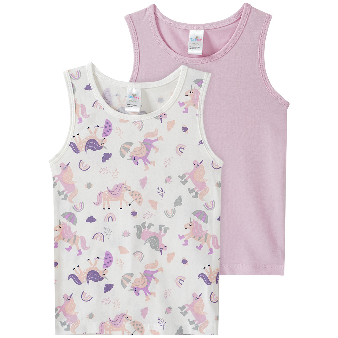Topomini 2 Baby Unterhemden mit Einhorn-Motiv helllila / weiss
