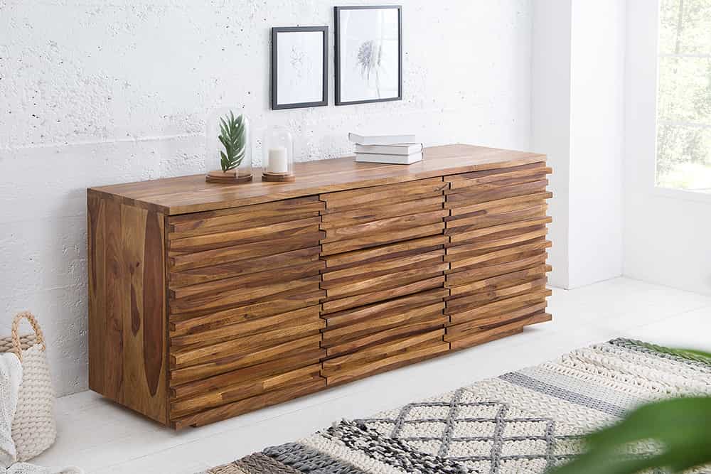 Massivholz Sideboard RELIEF 160cm braun Sheesham stone finish Kommode mit Schubladen