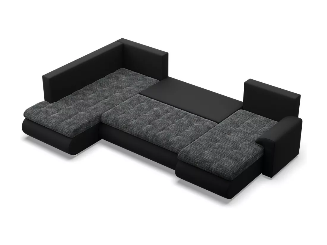 Canapé d'angle en U avec fonction sommeil, Ottoman, Noir + Noir