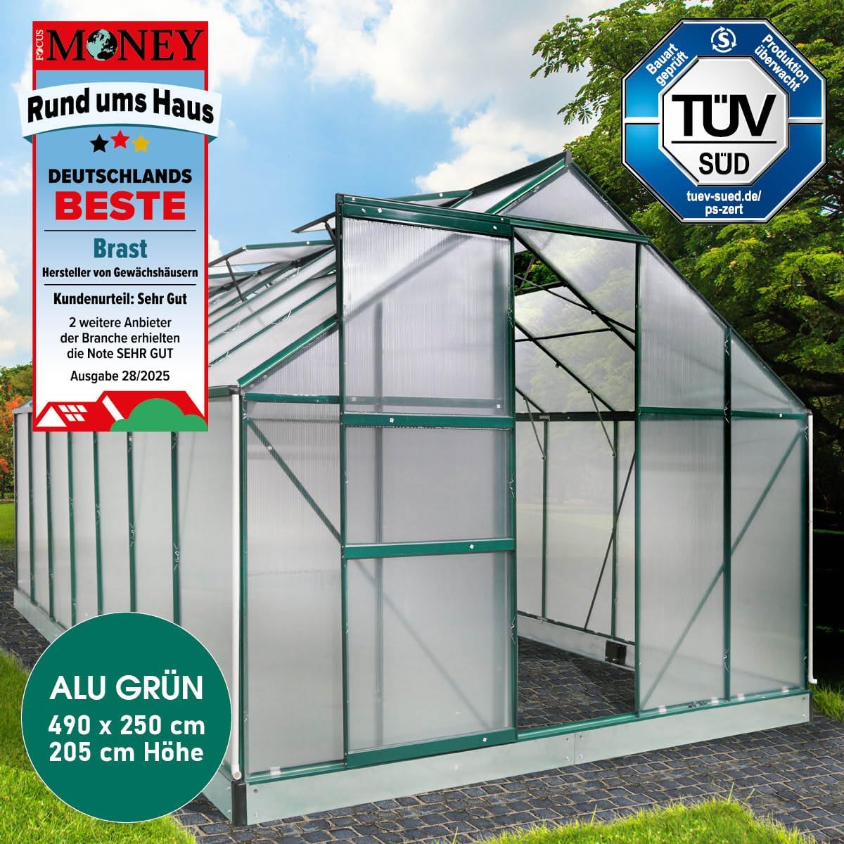 BRAST Gewächshaus Aluminium mit Fundament | 42 Modelle | 130x190x195cm - 490x250x235cm | TÜV geprüft | 6mm Hohlkammerplatten | rostfrei wetterfest temperaturbeständig | 490x250x205cm Grün